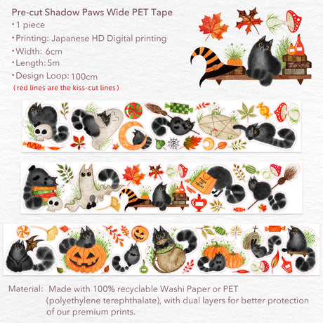 Step into a world of whiskers and wonder with our Pre-cut Shadow Paws Wide Washi/PET Tape, created in collaboration with @better.call.liubka. These hand-drawn Halloween cats tumble, sneak, and play across your pages—bringing a dose of spooky fun to every spread. From curious stares to mischievous pranks, each design captures the magic of feline adventures on All Hallows’ Eve.

Artist: @better.call.liubka

Size: 60mm×5m
Design Loop: 100cm
Material: PET Clear Tape