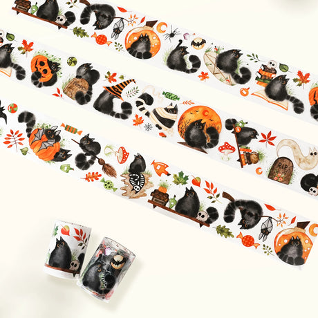 In collaboration with illustrator @better.call.liubka, we present a Halloween washi tape filled with the charm of black cats in motion. Every section tells a tiny story—cats leaping across pumpkins, sneaking through candles, or plotting playful tricks in the night. With bold lines and expressive details, this tape turns your journal into a stage for whimsical feline adventures.