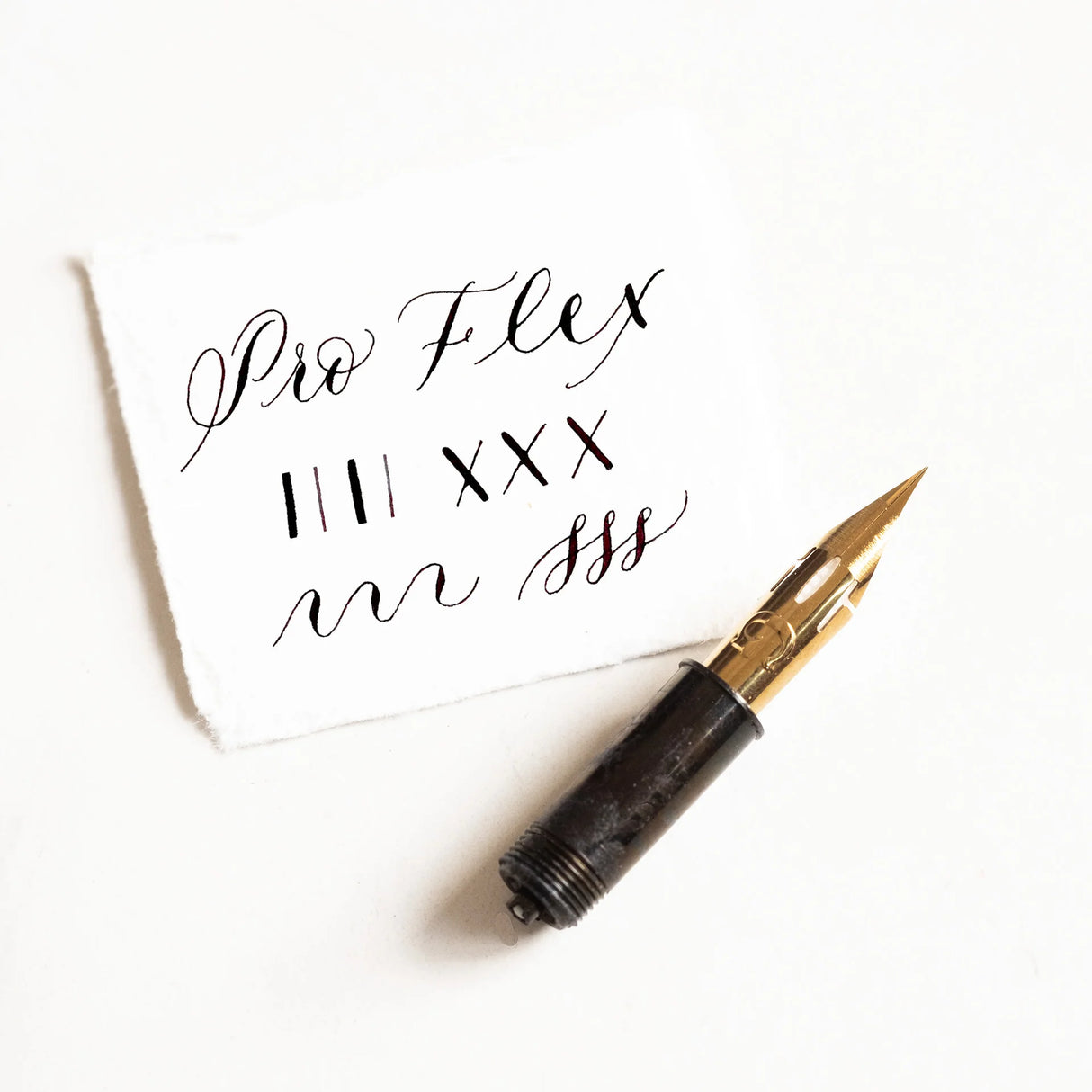 The Pro-Flex nib is a professional-grade titanium Zebra G with a super fine point, offering fantastic results (it flexes from hairline to 2mm) but requires a light touch, which comes from many hours of practice with a more straightforward calligraphy pen. For this reason, we recommend the Pro-Flex for&nbsp;experienced calligraphers only.