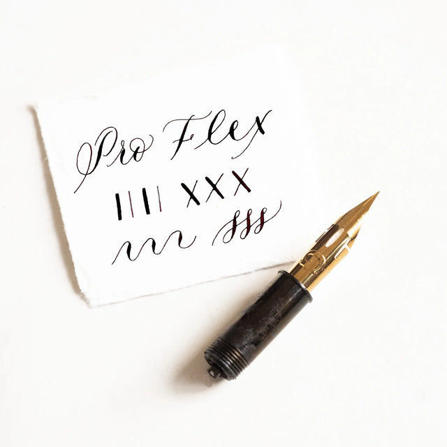 The Pro-Flex nib is a professional-grade titanium Zebra G with a super fine point, offering fantastic results (it flexes from hairline to 2mm) but requires a light touch, which comes from many hours of practice with a more straightforward calligraphy pen. For this reason, we recommend the Pro-Flex for&nbsp;experienced calligraphers only.