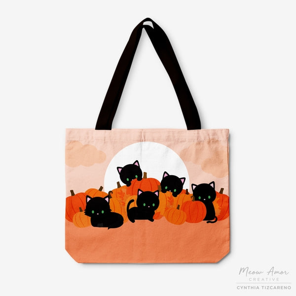 Pumpkin Patch Black Cats Zipper Canvas Tote Bag