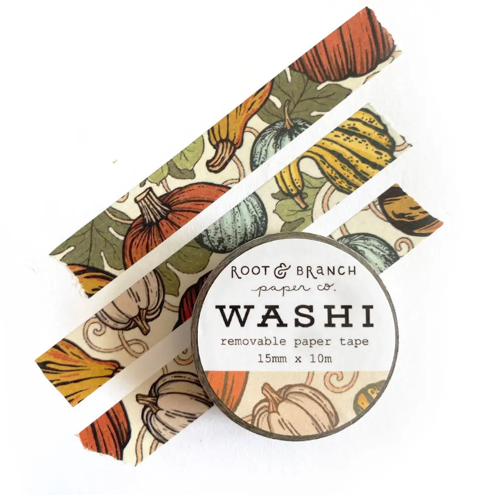Our Pumpkin + Gourds washi is an autumn seasonal washi tape celebrating the fall joys of pumpkins and decorative gourds! This is a lightweight decorative tape printed on traditional rice paper. It is removable and leaves no residue, making it perfect for scrapbooking, stationery, crafts and more. Featuring a collection of complementary nature inspired designs that bring a pop of color to all your projects! Perfect for gifting and arts + crafts displays.