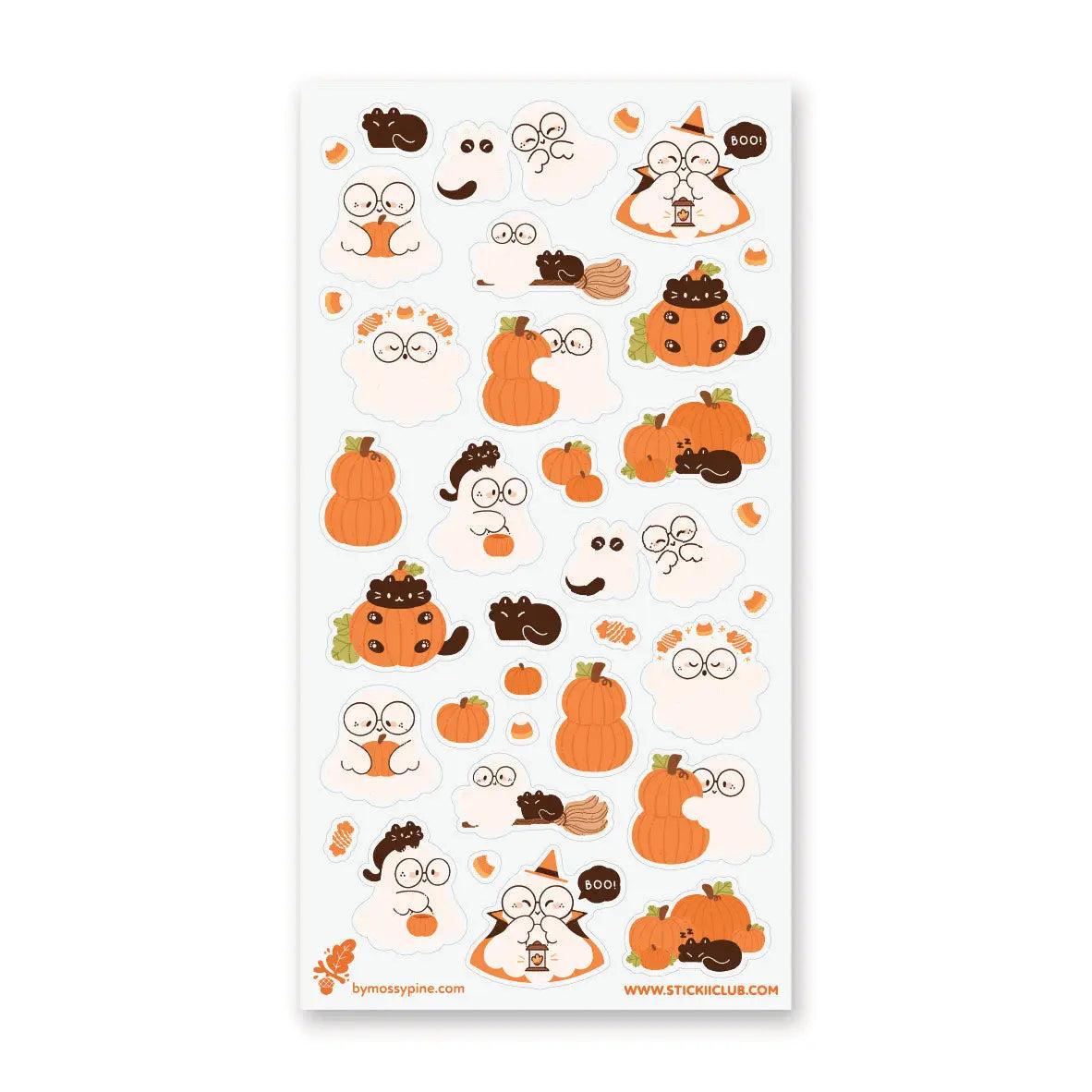  🎃👻 Drift into the softest side of spooky season with @bymossypine’s pumpkin-loving ghosties! These sweet little spirits are busy hugging gourds, sharing treats, snoozing in leafy piles, and practicing their cutest “boo!” faces. Wrapped in warm autumn tones and cozy fall vibes, this sheet turns Halloween into a snuggly celebration of all things pumpkin and sweet.

Art by: @bymossypine

Top Coating: None
Adhesive Layer: Paper
Backing Layer: Clear PET
6.69" x 3.54".
Weight - 0.03lbs.
1 sheet included &nbsp;