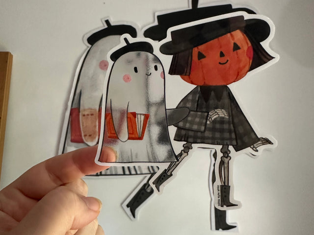 These little cuties want to come along with you and be your new friends and lurk in your closet at night. This sticker is quite large at 4" tall. Spice (the ghost) is clear! Put them on a water bottle or your car window so they look like they're traveling with you!

Vinyl and water resistant, looks great on water-bottles or notebooks or laptops.