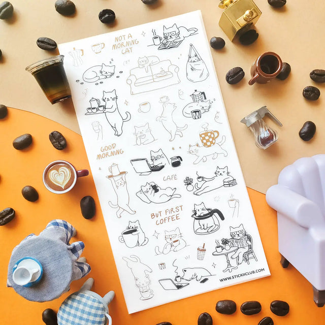 ☕️ Sleepy cats, steaming mugs, tiny coffee makers, and plenty of dramatic lounging fill this sheet with the funniest kind of morning routine. Whether they’re balancing cups, working from a laptop, or refusing to wake up at all, these kitties know one thing for sure: coffee comes first!