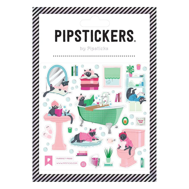 PipStickers are the PERFECT gift for the sticker lover in your life - even if it's you! These unique PVC designs with silver foil accents come on a clear backing and cannot be found anywhere else.

Includes one 4" x 4" sheet of Purrfect Prose PipStickers and includes the Pipsticks manifesto.
