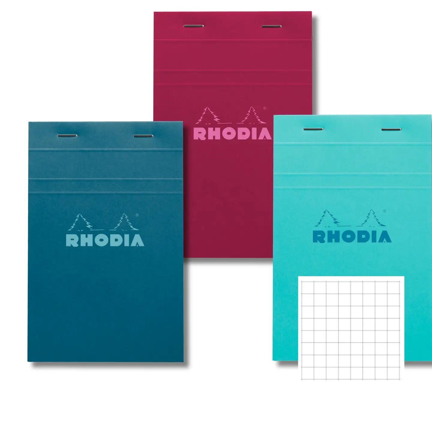 Rhodia's iconic staple-bound pad, now available in three distinct new colors: Azure, Peacock, and Plum.

Made in France
Size: 8.25 x 11.75""

80gsm ultra white paper, graph grid
Fountain pen and marker friendly
80 microperforated pages
Cardboard underside provides a firm writing surface

Includes 1 Notepad. Cover color is selected at random.