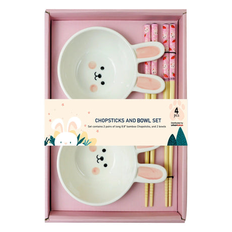 This adorable box set includes 2 sets of chopsticks and dishes.

Size: 9"L chopsticks, 3"L Small Dish
Material: Bamboo and Ceramic
Origin: China