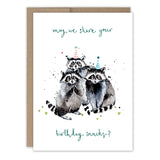Raccoons Snacks&nbsp;Birthday Card

Inside verse: Wishes for a delightful day

• Illustrated by Louise Mulgrew
• Size: A6, 4.5" x 6.25"
• Paired with a Kraft envelope
• Printed in the USA on beautiful FSC-certified 10% post-consumer waste recycled paper.

About The Artist: Working with gouache and watercolor, Louise designs in her tiny studio in Brighton, England, inspired by her love of all animals, and passion for the natural world. Louise was named 2023 Artist of the Year by the USA Greeting Card Associa