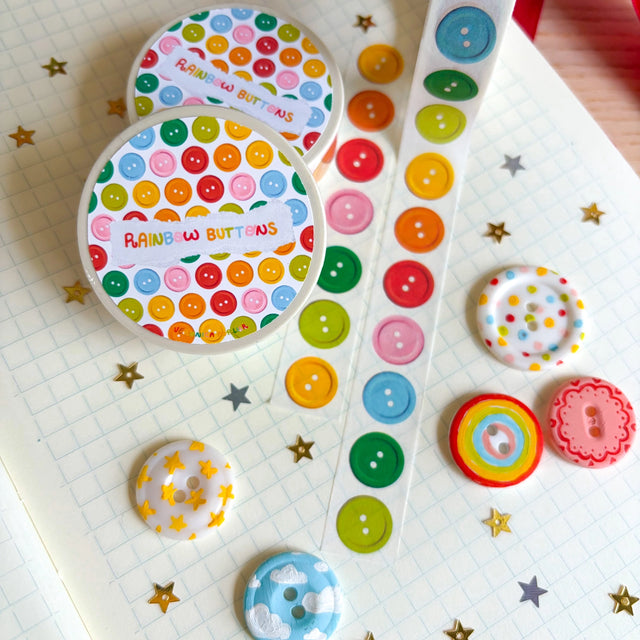 Add some color to your journal and crafts with this cute button themed washi tape designed by Veronica!

Perfect for crafts, journaling, snail mail, and more.

Size: 15mm x 10m