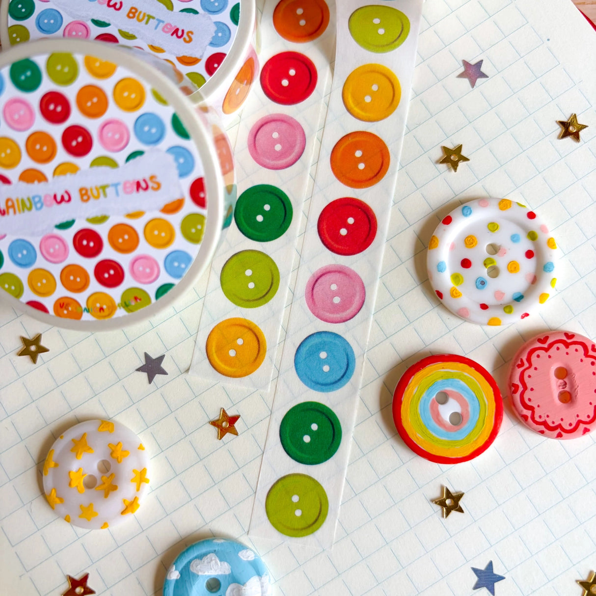 Add some color to your journal and crafts with this cute button themed washi tape designed by Veronica!

Perfect for crafts, journaling, snail mail, and more.

Size: 15mm x 10m