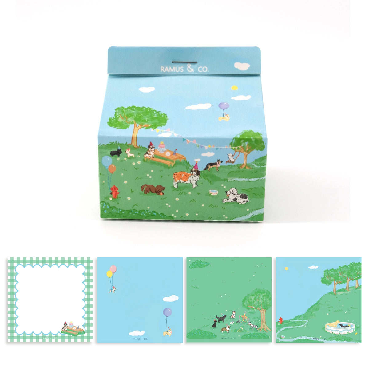 Ramus &amp; Co. - Doggy Days Note Carton

Fresh notes, served daily! This Ramus &amp; Co. mini carton comes filled with 200 handy 3×3 inch paper notes (in four different designs!), perfect for quick lists, messages, and bright ideas.

Simply remove the perforated door on the front for quick access whenever inspiration strikes. Equal parts practical and gift-able, it’s a cheerful addition to any desk, kitchen counter, or workspace!

4 x 4 inch note carton holder
(200) 3 x 3 inch paper notes
4 unique note des