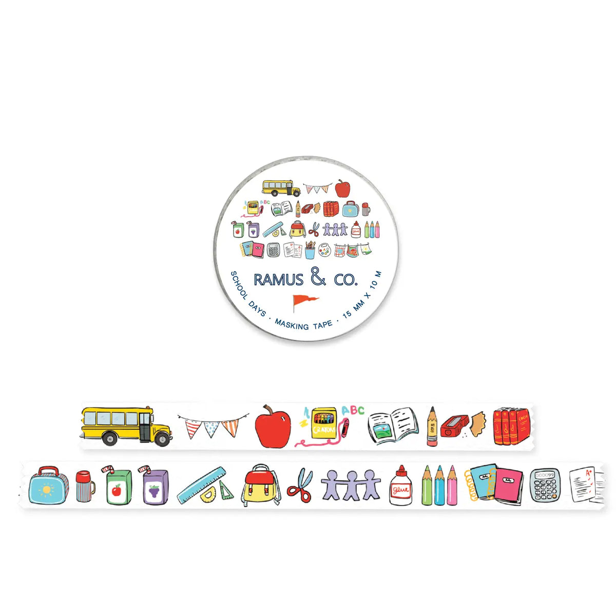 Ramus &amp; Co. - School Days Washi Tape

10 meters of lovable masking tape. A fashionable embellishment for projects, planners, notebooks, notecards, greeting cards, envelopes and invitations. Ramus &amp; Co. masking tape is safe to use on walls, tables, refrigerators, doors and windows. Irresistible designs that will find their way onto everything. Perfect for crafting and gifting!

15mm x 10m
Adhesive tape roll,
Shrink wrapped with unique label
Designed in USA, imported.

By Ramus &amp; Co.