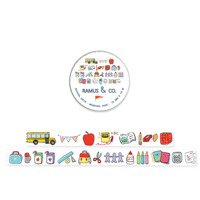 Ramus &amp; Co. - School Days Washi Tape

10 meters of lovable masking tape. A fashionable embellishment for projects, planners, notebooks, notecards, greeting cards, envelopes and invitations. Ramus &amp; Co. masking tape is safe to use on walls, tables, refrigerators, doors and windows. Irresistible designs that will find their way onto everything. Perfect for crafting and gifting!

15mm x 10m
Adhesive tape roll,
Shrink wrapped with unique label
Designed in USA, imported.

By Ramus &amp; Co.