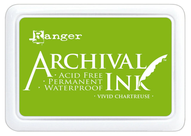 Ranger Archival Ink Pad - Vivid Chartreuse

Archival Inks™ provide lasting stamping results that are permanent on many surfaces. Get a crisp image that doesn't bleed over water-based inks, markers, acrylic paint, watercolors, and more. Pads can be easily re-inked with the coordinating Archival Ink Re-Inker.