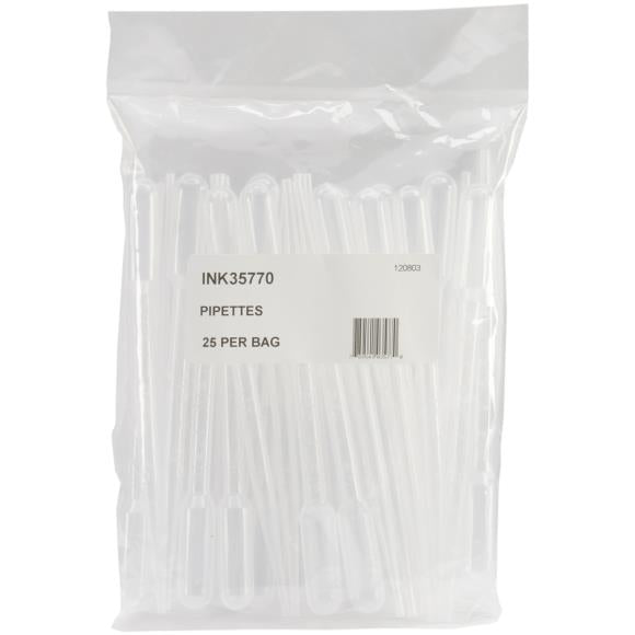 This package contains one set of Ranger Pipettes with 25 clear plastic pipettes each with a 4ml capacity. These no-mess tools are handy for transferring craft products between containers. Crafters can quickly and easily move inks, sprays and stains from original containers to Misters, Mini Misters or Tim Holtz Waterbrushes.&nbsp;

Each pipette has precise measurement marks for accurate filling