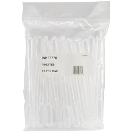 This package contains one set of Ranger Pipettes with 25 clear plastic pipettes each with a 4ml capacity. These no-mess tools are handy for transferring craft products between containers. Crafters can quickly and easily move inks, sprays and stains from original containers to Misters, Mini Misters or Tim Holtz Waterbrushes.&nbsp;

Each pipette has precise measurement marks for accurate filling