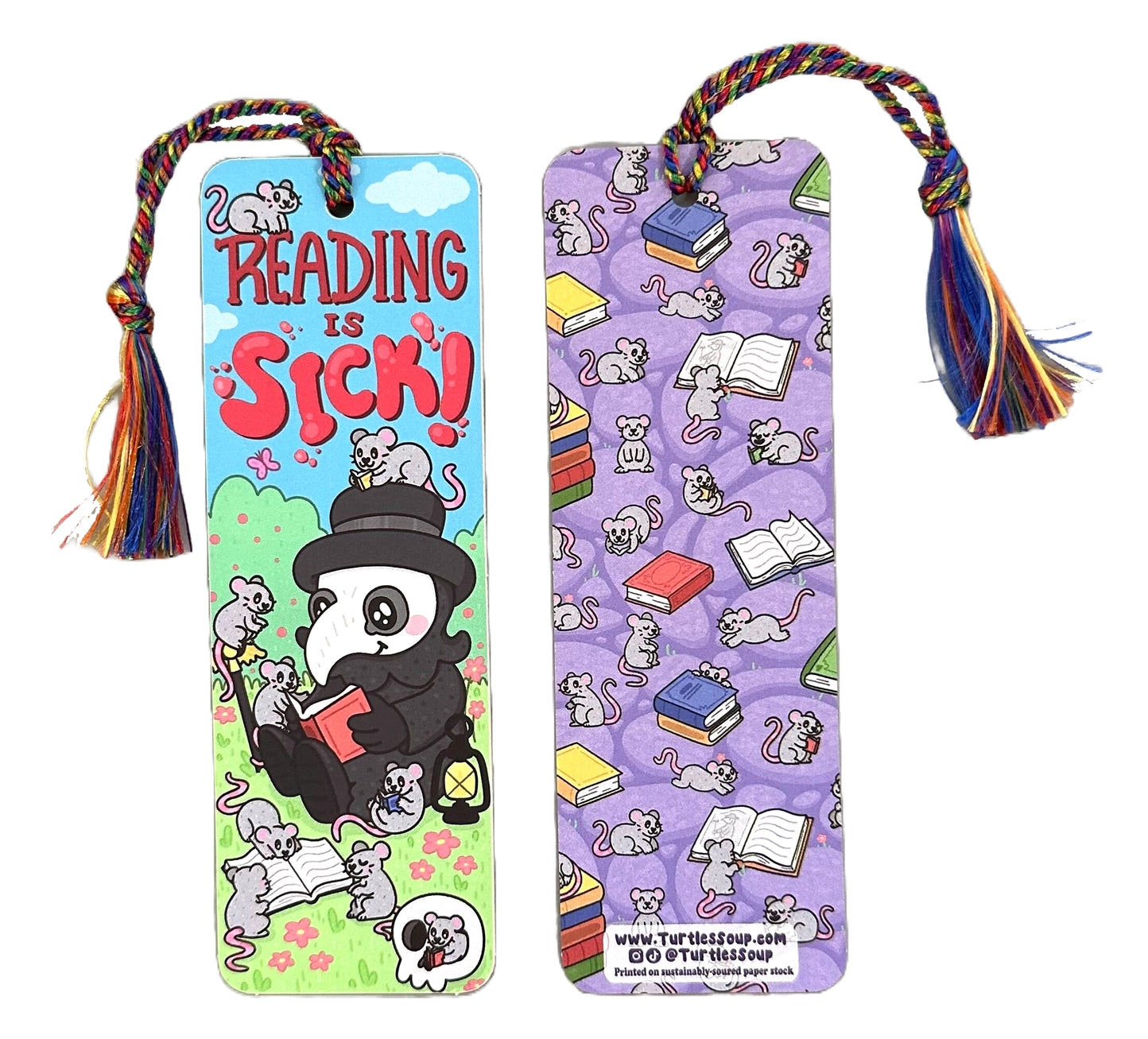 Are you down with the sickness that is reading? This plague doctor is! He’s researching new ways to treat his patients. Right now, he’s reading a book about bloodletting! He often lets his rat friends read along with him and accompany him at work. They make excellent company!

Hold your spot in style with our fun and funky bookmark collection! Whether you prefer romance, fantasy, or science fiction, our bookmarks will fit perfectly between the pages of your favorite novel.
