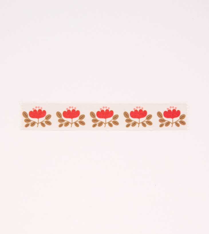 Cinta washi con estampado floral rojo - Crema
