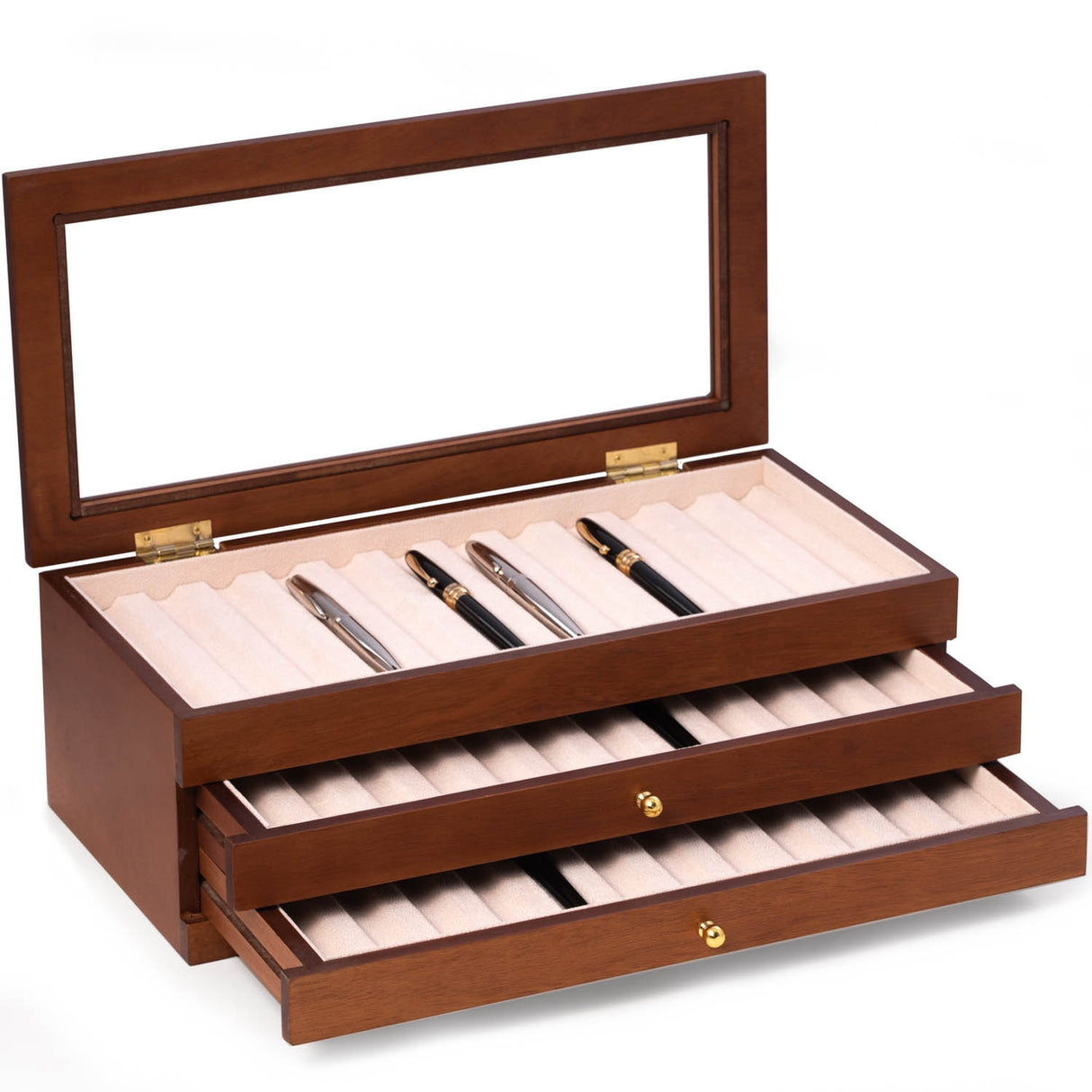 Reginald Cherry Wood 36 Pen Storage Case with Glass Top
