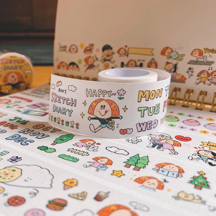 Volume 1:
Today we bring you the <sketch diary=""> category, which has captured the beautiful life Rin is experiencing everyday :)
The inspiration comes from the hand-drawn calendars of each month. The size is 3 cm wide, and with many interesting small paintings for practical daily use. It is a washi tape carefully designed for the calendar grid. It is versatile and super cute,and can be used no matter how you stick it. CUTENESS OVERLOAD!

Full roll: 30mm wide x 5m long (5 loops)
Materials: Washi tape on re