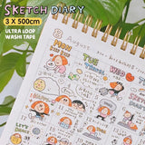Volume 1:
Today we bring you the <sketch diary=""> category, which has captured the beautiful life Rin is experiencing everyday :)
The inspiration comes from the hand-drawn calendars of each month. The size is 3 cm wide, and with many interesting small paintings for practical daily use. It is a washi tape carefully designed for the calendar grid. It is versatile and super cute,and can be used no matter how you stick it. CUTENESS OVERLOAD!

Full roll: 30mm wide x 5m long (5 loops)
Materials: Washi tape on re
