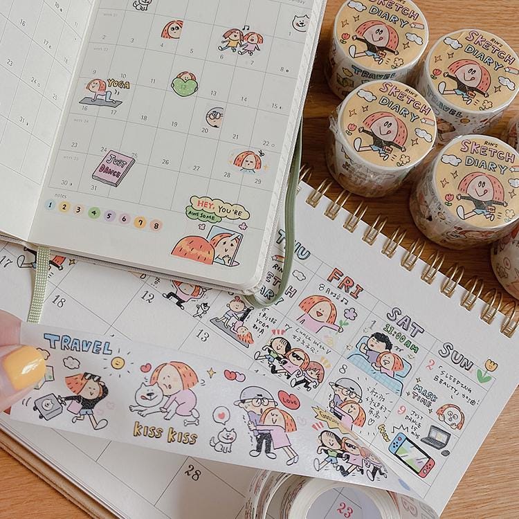 Volume 1:
Today we bring you the <sketch diary=""> category, which has captured the beautiful life Rin is experiencing everyday :)
The inspiration comes from the hand-drawn calendars of each month. The size is 3 cm wide, and with many interesting small paintings for practical daily use. It is a washi tape carefully designed for the calendar grid. It is versatile and super cute,and can be used no matter how you stick it. CUTENESS OVERLOAD!

Full roll: 30mm wide x 5m long (5 loops)
Materials: Washi tape on re