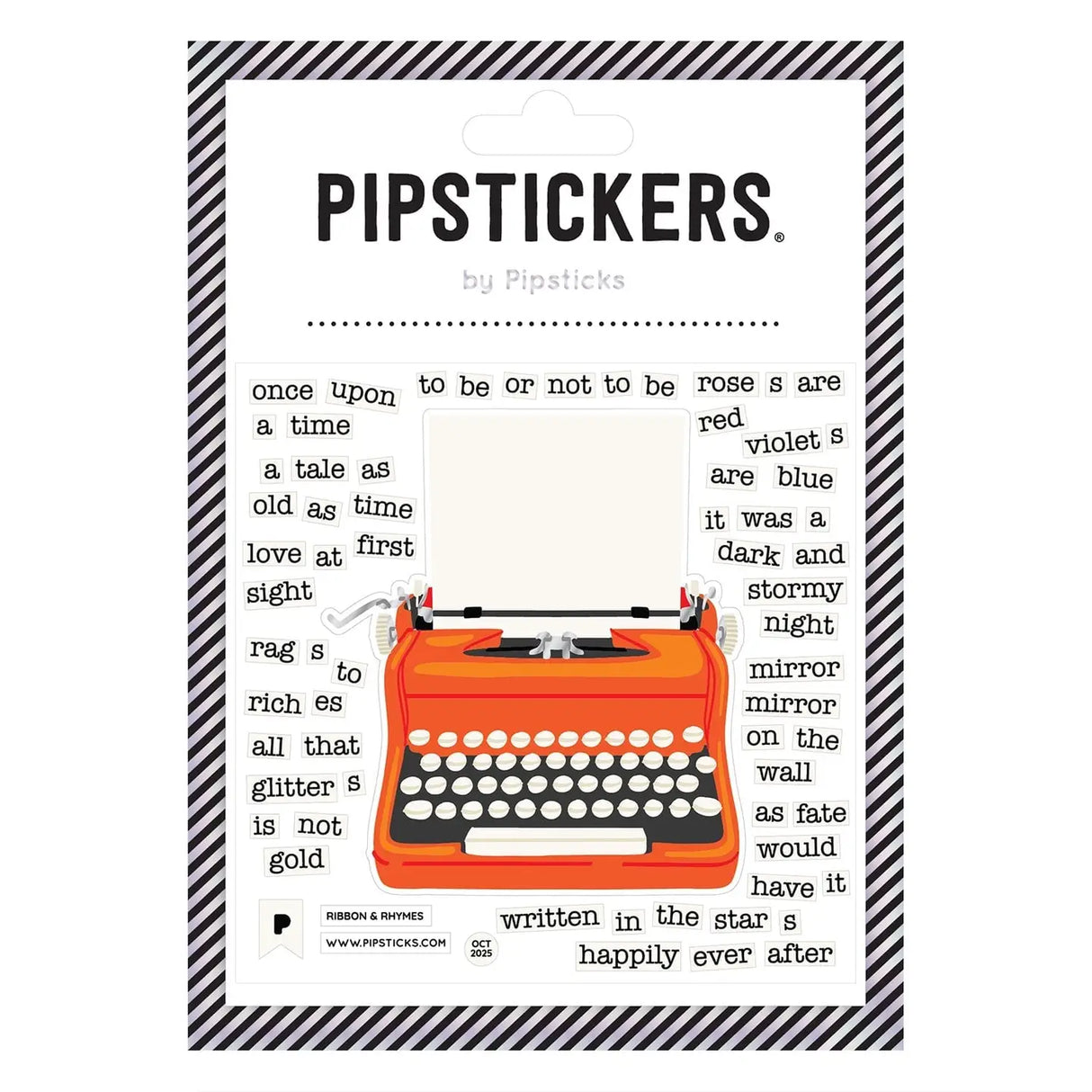 PipStickers are the PERFECT gift for the sticker lover in your life - even if it's you! These unique PVC designs with silver foil accents come on a clear backing and cannot be found anywhere else.

Includes one 4" x 4" sheet of Ribbon &amp; Rhymes PipStickers and includes the Pipsticks manifesto.