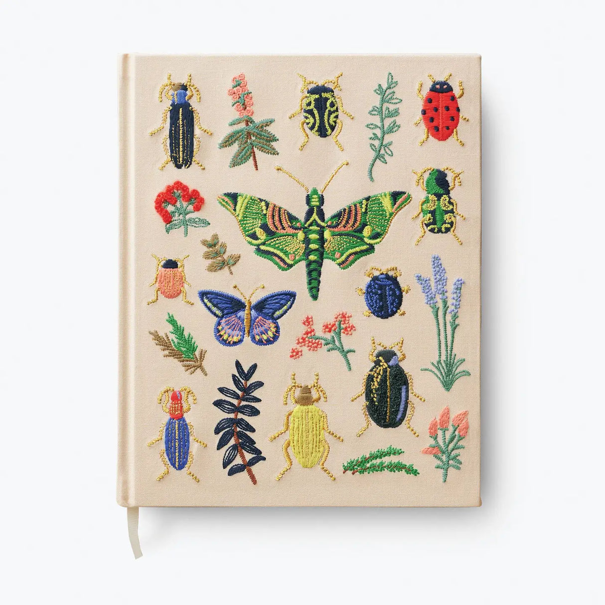 Our embroidered sketchbook is a large, hardcover journal with 108 unlined pages of thick paper perfect for sketching, drawing, and journaling. The cover is wrapped in cream book cloth and embroidered with the beetles and bugs of our Curio print with metallic gold accents. An attached grosgrain ribbon bookmark will save your place.