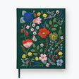 Our embroidered sketchbook is a large, hardcover journal with 108 unlined pages of thick paper perfect for sketching, drawing, and journaling. The cover is wrapped in dark green book cloth and embroidered with our Strawberry Fields florals, and an attached grosgrain ribbon bookmark will save your place.