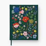 Our embroidered sketchbook is a large, hardcover journal with 108 unlined pages of thick paper perfect for sketching, drawing, and journaling. The cover is wrapped in dark green book cloth and embroidered with our Strawberry Fields florals, and an attached grosgrain ribbon bookmark will save your place.