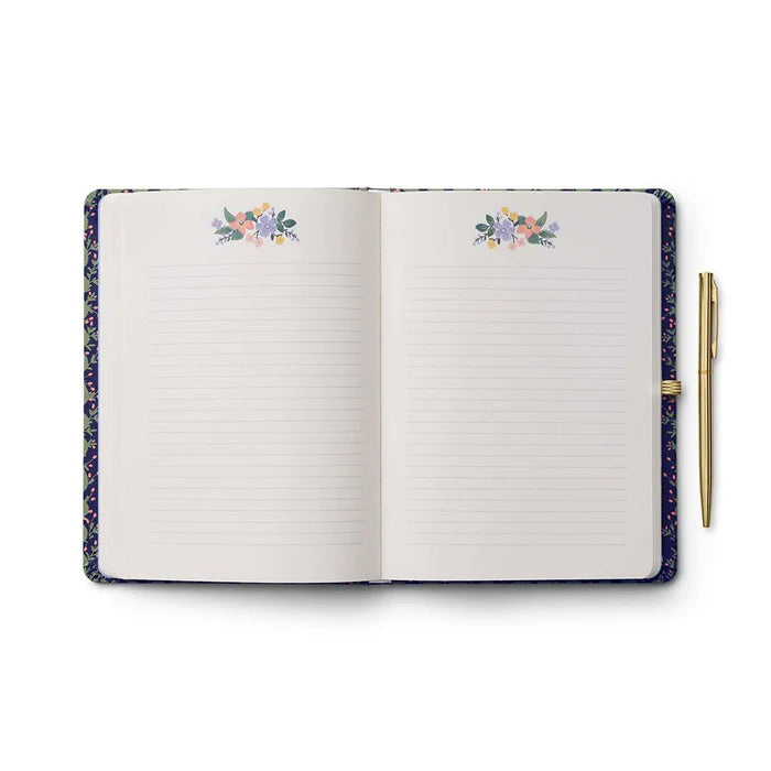 Designed for note takers and journalers, this hardcover journal comes with a gold pen with black ink, featuring 144 ruled pages, an elastic band, and a pocket for extra storage.