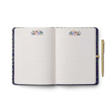 Designed for note takers and journalers, this hardcover journal comes with a gold pen with black ink, featuring 144 ruled pages, an elastic band, and a pocket for extra storage.