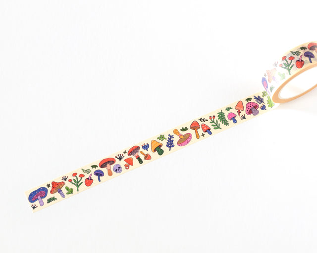 Decorative washi tape featuring colorful illustrated mushrooms, plants, and whimsical forest details. Perfect for planners, journals, gift wrapping, scrapbooking, and creative projects. Easy to tear, repositionable, and residue-free.

🌈 Key Features:

Dimensions: 15mm wide x 10 meters (32.8 feet) in length&nbsp;
Contains: 1 washi tape roll

High-quality washi tape material
Easy to tear and reposition
Perfect for scrapbooking, journaling, and crafts