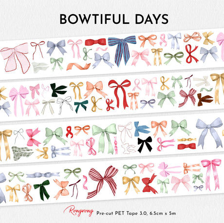 Every page deserves a bow.&nbsp;Bowtiful Days Pre-cut Japanese Washi Tape [3.0]&nbsp;is a charming collection filled with beautifully illustrated bows in every style — delicate ribbons, vintage lace bows, satin statement pieces, and soft pastel accents that instantly elevate your spreads.

Designed with high-quality Japanese washi paper, this tape offers a soft, lightweight texture that blends seamlessly into planners and journals. The&nbsp;pre-cut design&nbsp;makes decorating effortless — simply peel and p