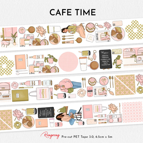 Slow mornings, warm drinks, and cozy café corners —&nbsp;Cafe Time Pre-cut PET Tape 3.0&nbsp;captures the simple joy of coffee shop moments in the cutest way. This collection is filled with charming café scenes, pastries, coffee cups, books, plants, and soft lifestyle elements designed to bring warmth and everyday happiness to your pages.

The soft neutral and blush tones make this tape perfect for creating cozy, feminine, and aesthetic spreads. Because the designs are&nbsp;pre-cut, you can simply peel and 