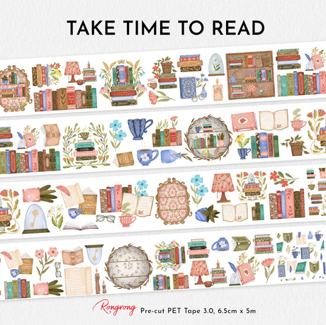 Slow down, get cozy, and lose yourself in a good book with Take Time To Read Pre-cut PET Tape 3.0 — a warm and nostalgic collection made for book lovers and journaling enthusiasts.

This tape features beautiful bookshelves, stacks of novels, cozy reading corners, teacups, lamps, plants, and charming literary details in rich vintage tones. Every piece is designed to create comforting, story-filled spreads that celebrate the joy of reading and quiet moments.

Because the designs are pre-cut, each piece works 