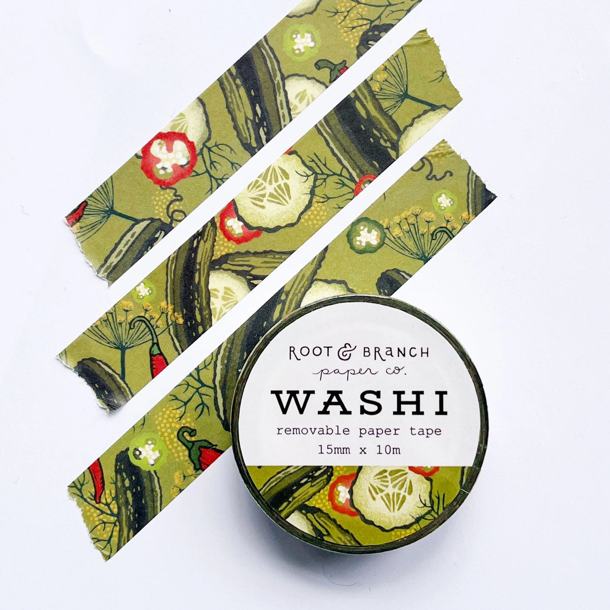 Our pickles + peppers washi is a lightweight decorative tape printed on mulberry paper. It is removable and leaves no residue, making it perfect for scrapbooking, stationery, crafts and more.