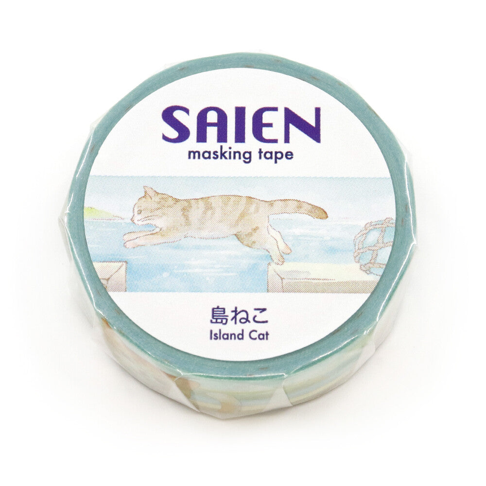 Roll of SAIEN masking tape with a cat illustration on a white background
