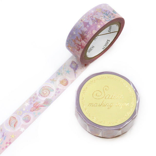 A quiet underwater dream drifts across this tape, soft watercolor creatures floating through gentle blues and sunlit shallows. Each motif feels like a moment from a perfect ocean world: calm, bright, and beautifully imagined. The translucent Japanese paper lets the colors glow like light passing through water, giving every scene a serene, drifting quality.