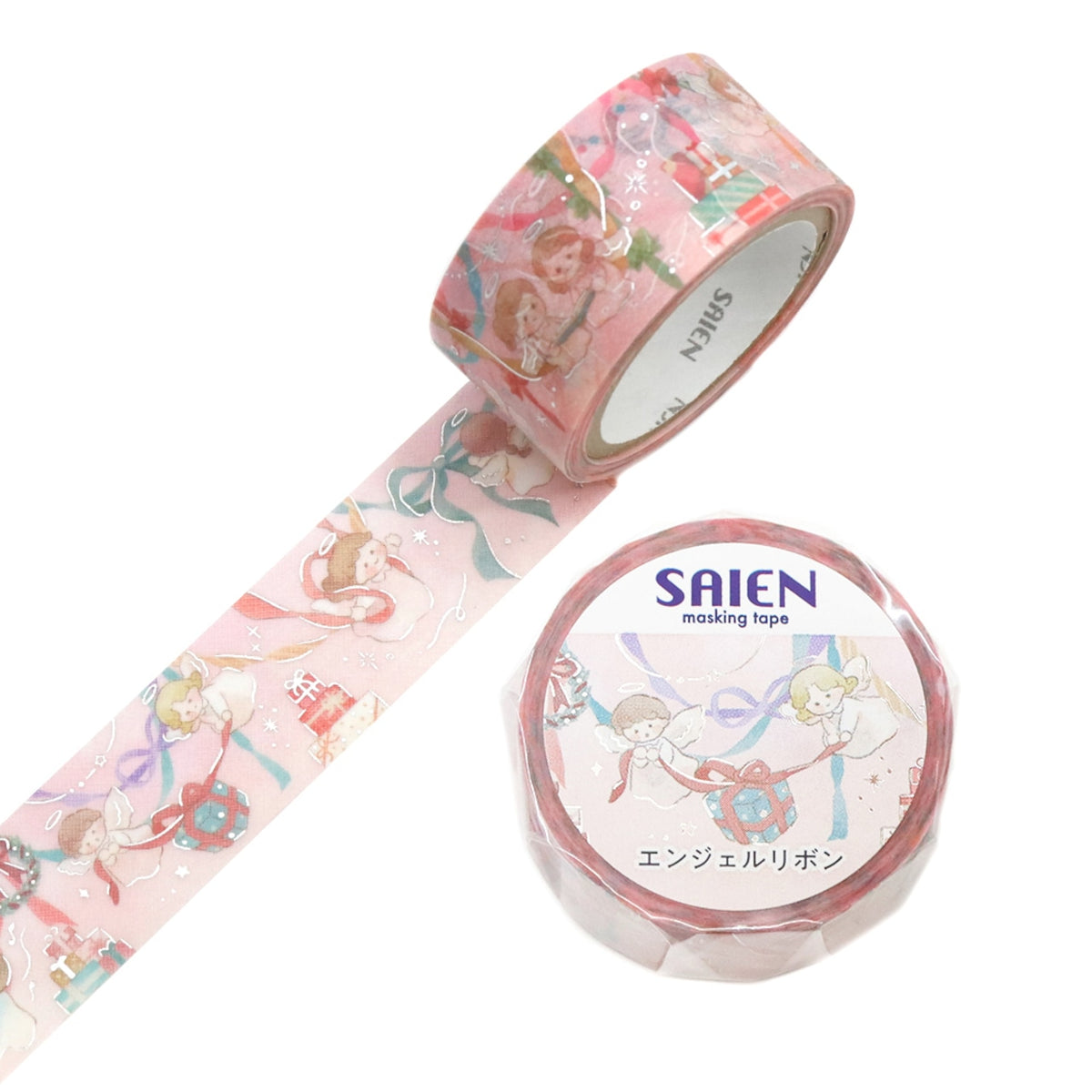 SAIEN - Angel Ribbon Washi Tape

New masking tape featuring angel ribbon design that enchants the magic of Christmas! The added brilliance of silver leaf adds a touch of festivity to your Christmas creations. Heartwarming angels will brighten up a page of your memories!

Size approx. 20mm x5m
Country of manufacture: Japan
Material / component: Paper
