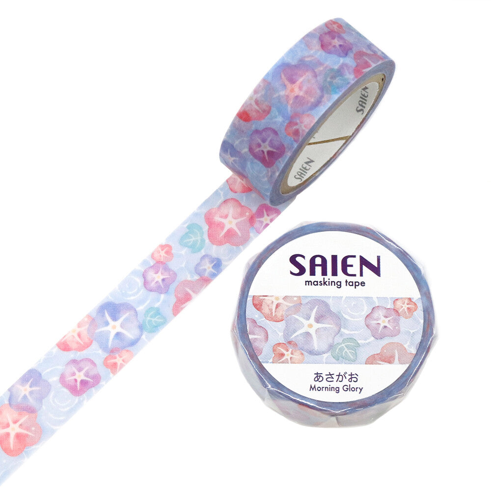 Like the first light of day slipping across a garden fence, this washi tape trails soft watercolor morning glories in shades of blue and violet. Each bloom unfurls with a quiet grace, capturing that fleeting moment when the world is still cool, calm, and full of promise. The translucent Japanese paper enhances the design’s airy softness, letting the flowers glow as if touched by morning sun.
