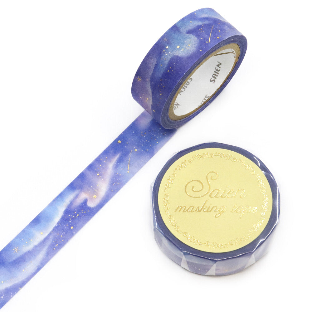 A ribbon of night sky unfolds across this tape, where watercolor hues shimmer like the northern lights themselves. Soft blues, purples, and glowing gradients drift together in that signature SAIEN translucence, capturing the quiet magic of an aurora dancing above a winter horizon. The Japanese paper texture adds a gentle glow, making each stroke feel airy, luminous, and full of wonder.