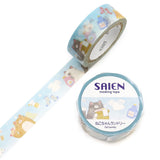 Laundry day has never looked this adorable. This playful washi tape features sweet little cats hanging their clothes on a line, tiny socks, shirts, and pastel laundry fluttering beside them like a breezy backyard scene. Each illustration has that signature SAIEN watercolor softness, paired with the translucent glow of Japanese paper that makes the whole design feel light and cheerful.