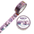 A mischievous little Halloween tale rolls out across this tape: a white cat lounging in a purple coffin, surrounded by bats, pumpkins, ghosts, and all the playful spookiness of the season. The soft watercolor style gives each motif a charming glow, while the light purple background makes the whole design feel sweetly eerie, like a friendly haunted house made of candy.