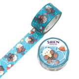 This charming tape features a playful sea otter floating across a soft blue ocean backdrop. The illustration shows the otter drifting on its back, paws up, surrounded by gentle watercolor waves that give the design a calm, breezy feel. The blue tones are light and soothing, creating a peaceful seaside mood that blends beautifully into any journal or planner spread.