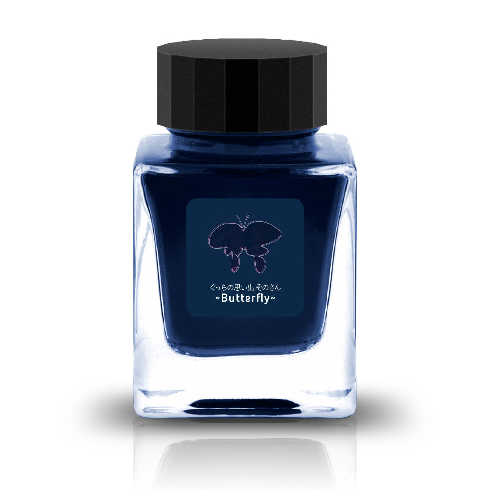 ぐっちの思い出 03 ~Butterfly&nbsp;Ink

The Sura &amp; Gucchi Collection is a collaboration with 2 ink masters who developed the color palette and are known for unique and vibrant colors. These inks are a tribute to the unique ink making styles within their community.&nbsp;

RGB: 16, 45, 117
Blue with red sheen

30ml