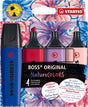 The STABILO BOSS ORIGINAL NatureCOLORS Wildflower highlighter impresses with modern colours and a subtle luminosity that makes any document or study material special. The four colours—ultramarine blue, burgundy red, gray-violet, and rouge—are ideal for anyone who wants to incorporate trendy colors from interior and fashion design into their stationery.&nbsp;

The iconic chisel tip delivers two line widths in a single marker: 2 mm for precise underlining and 5 mm for broad highlighting, making it equally cap