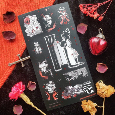 🖤🥀 Let your valentine know how your black heart beats for them with @stefanirabideaux’s stunning dark gothic Valentine set. Glamorous ladies, crimson gloves, skulls, and roses drift beneath a star-speckled night. With gleaming foiled hearts that shimmer like stardust, this striking sheet celebrates love at its most dramatic, decadent, and enduring.