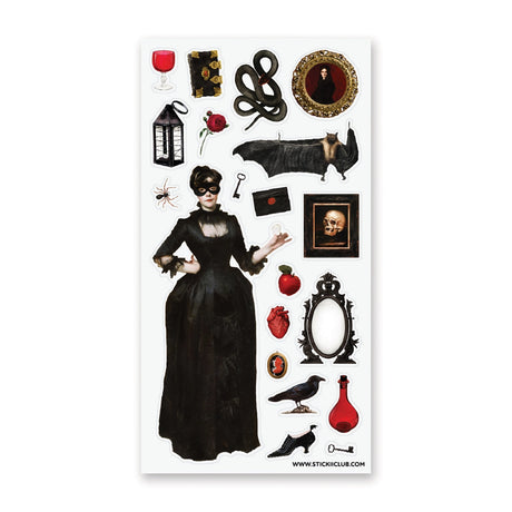 🕯️🦇 Step into a shadowy parlor of vintage gothic charm with this hauntingly elegant sticker sheet. From mysterious masked figures and candlelit curiosities to ravens, roses, serpents, and forbidden tomes, every piece feels plucked from an old-world cabinet of wonders. Perfect for adding a touch of dark romance, eerie beauty, and timeless intrigue to your spreads and creations.